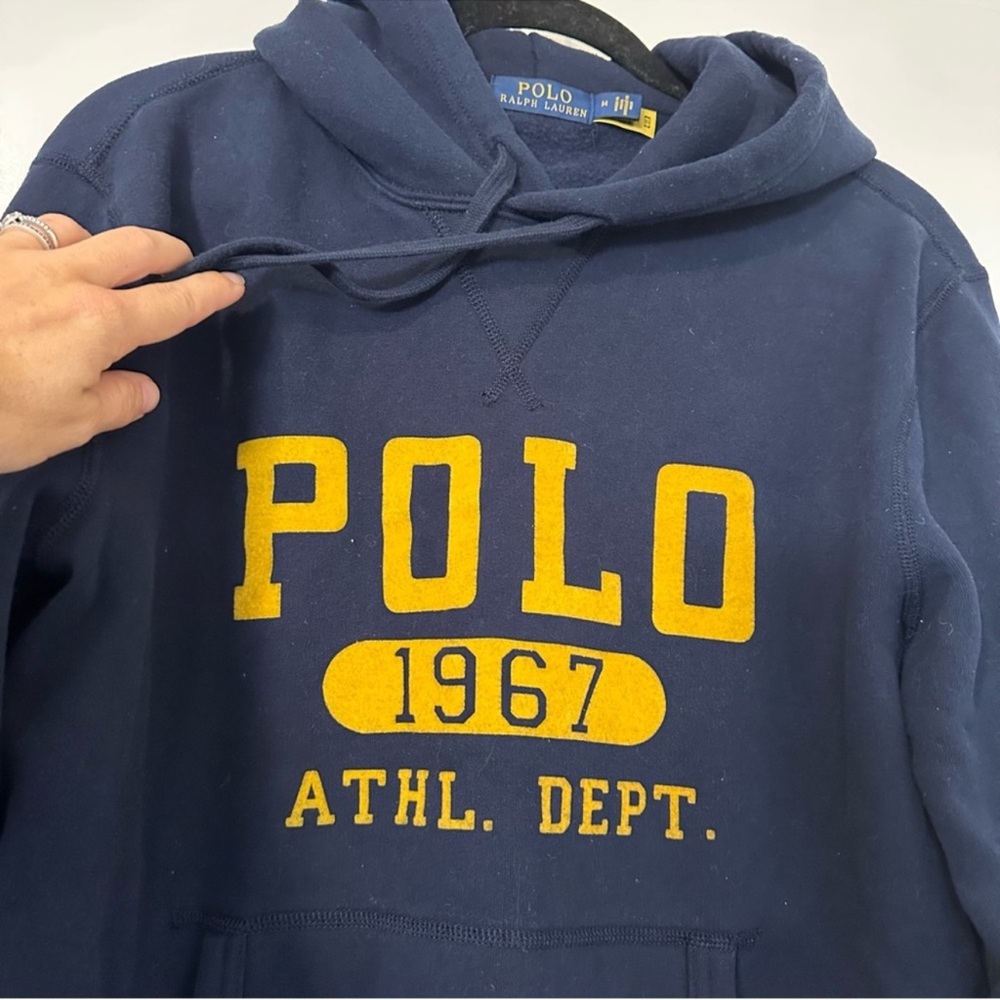 Polo Ralph Lauren Logo Hooded Sweatshirt Mens Medium Gold Navy - Picture 3 of 6